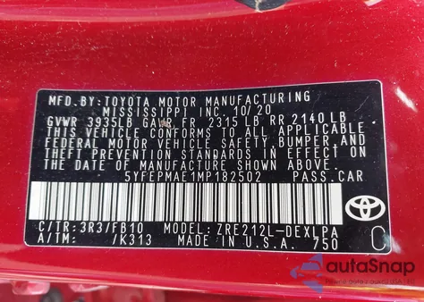 2021 Toyota Corolla Le from USA, damaged, VIN 5YFEPMAE1MP182502